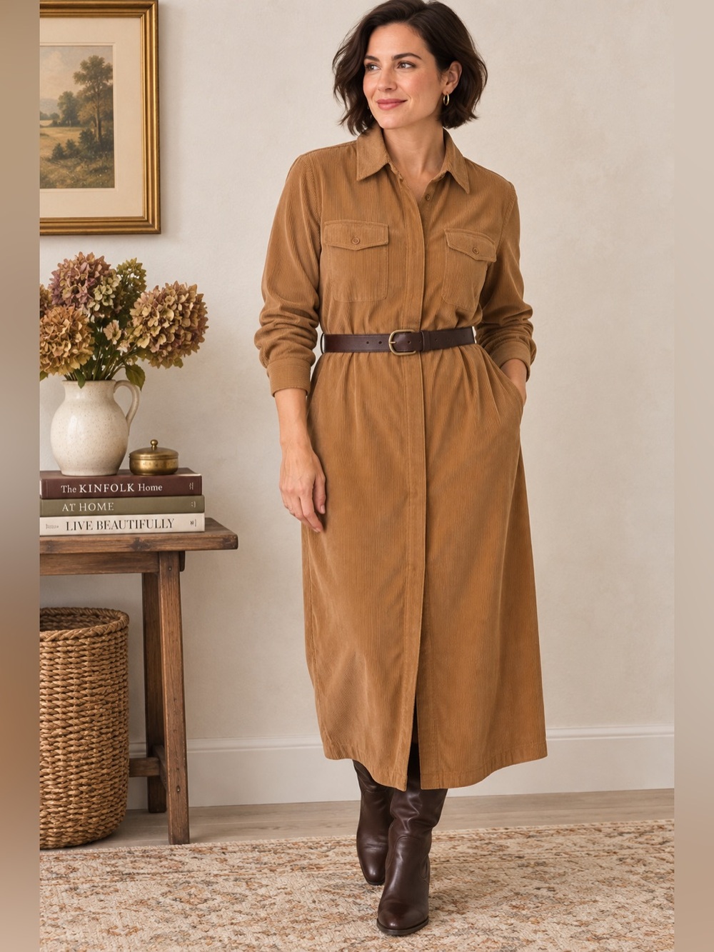 Vintage 90s Tobacco Brown Corduroy Utility Shirt Dress XL